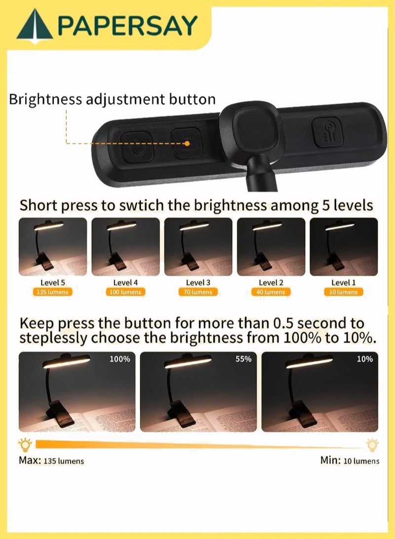 PAPERSAY Rechargeable Book Light for Reading in Bed with 24 LED &Memory Function-Eye Caring 3 Color Temperatures, 5 Brightness Levels, 80 Hrs Runtime Flexible Goose Neck Clip on Light for Book Lovers - Image 5